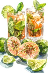 Wall Mural - Watercolor Feijoa Jam and Fresh Fruit Illustration on White Background