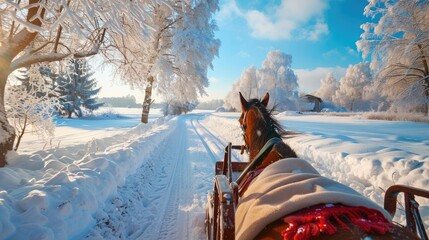 A horse-drawn sleigh ride through a snowy countryside with blankets and hot cocoa.