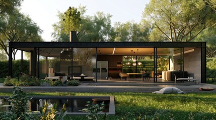 A modern garden house with large glass windows, offering a stunning view of the surrounding garden.