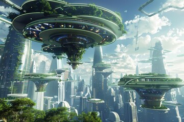 Wall Mural - A futuristic cityscape with a large green dome in the middle