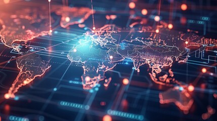 Wall Mural - futuristic global network visualization with glowing world map overlay on digital circuit board, rep