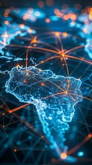 Wall Mural - futuristic digital network visualization of south america continent with glowing connections, symbol