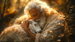 © juraj - Old man with a long white beard wearing a gold robe, gently holding a lamb in a magical forest