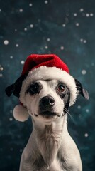 Wall Mural - Adorable black and white dog wearing a Santa hat gazes with wide-eyed wonder at falling snow, capturing the magic and innocence of the holiday season.