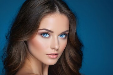 Studio shot of a brunette woman with blue eyes and flawless skin, glamorous and stylish portrait on a blue backdrop