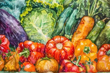 Canvas Print - Artistic Watercolor Illustration of Organic Market Vegetables Arrangement on White Background