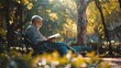 © Intelligent Horizons - Man sitting on a park bench in the shade and reading a book surrounded by the vibrant colors of autumn foliage with a blurred deep depth of field