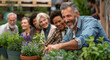 © SnapVault - A close-up of a diverse group of middle-aged adults smiling and enjoying their time while gardening together, happiness, community and collaboration in a beautiful garden setting