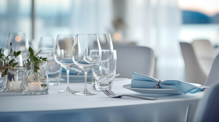 Wall Mural - table setting in the restaurant interior light blue tones mediterranean style