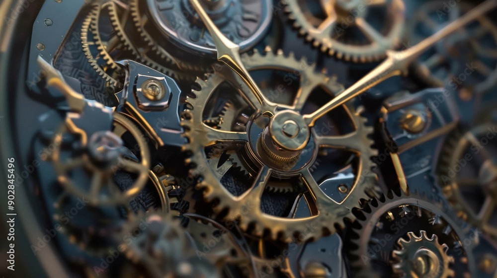 A close-up showcases the intricate gears and mechanisms of a mechanical ...