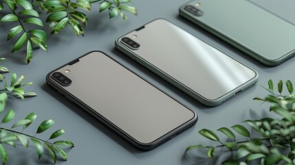 ealistic smartphone mockup. Device UI/UX mockup for presentation template. . Cellphone frame with blank display isolated templates, phone different angles views. 3d isometric illustration cell phone
