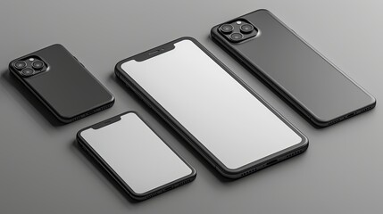 Wall Mural - ealistic smartphone mockup. Device UI/UX mockup for presentation template. . Cellphone frame with blank display isolated templates, phone different angles views. 3d isometric illustration cell phone