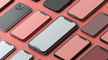 Wall Mural - ealistic smartphone mockup. Device UI/UX mockup for presentation template. . Cellphone frame with blank display isolated templates, phone different angles views. 3d isometric illustration cell phone