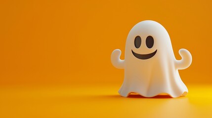 3d illustration of a ghost with cartoon style face on orange background