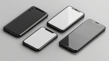Wall Mural - ealistic smartphone mockup. Device UI/UX mockup for presentation template. . Cellphone frame with blank display isolated templates, phone different angles views. 3d isometric illustration cell phone