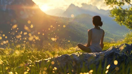 Wall Mural - Woman meditating in a serene mountain landscape