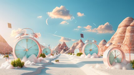 Wall Mural - A surreal desert landscape with melting clocks and solar panels, representing the urgency of renewable energy amidst climate change