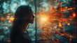 © Emiliia - A woman stands in profile, looking out a window at a brightly lit cityscape filled with abstract patterns and glowing lights.