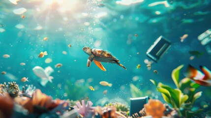 Wall Mural - An underwater world with marine creatures weaving through discarded electronics, illustrating the impact of e-waste on ocean ecosystems