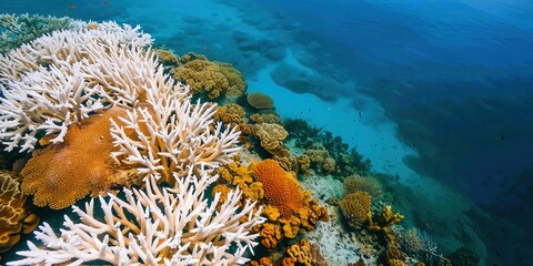 Closeup of white bleached coral reef in the ocean.