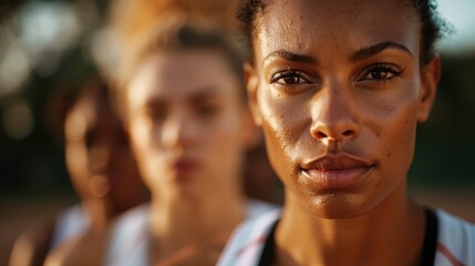 A group of athletes are standing in a focused and determined lineup at sunset, showcasing their focus, unity, athleticism, and readiness for competition while sweating.