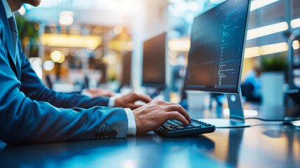 A person in a business suit typing code on a computer in a modern office space, highlighting professional work and advanced technology use.