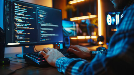 A programmer typing code on a keyboard while working on dual monitors in a dimly lit room with a cozy, focused ambiance, implying productivity.