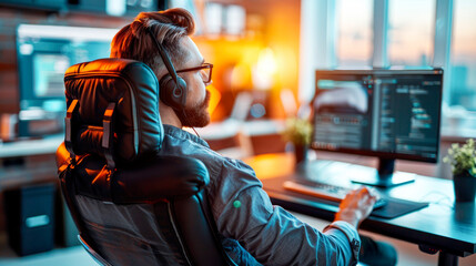 a developer wearing a headset, working on code with multiple monitors in a stylish office environmen
