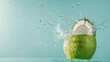 © faysal - Isolated against a copy space backdrop of pastel summer blue, coconut water splattering out of a fresh green coconut, Generative AI.