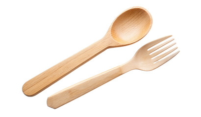 Wooden spoon and fork set on a neutral background isolated on a transparent background