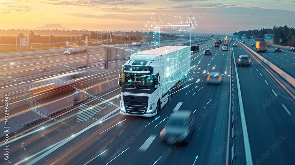 A futuristic truck adorned with a digital network overlay driving on a ...