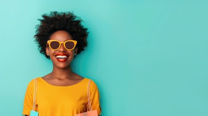 Portrait of a happy smiling African American woman holding shopping bags and a credit card laughing on a vibrant pastel mint green background with copy space and deep depth of field