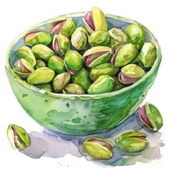 Poster - Delicious Pistachio Nuts in a Bowl. Watercolor Hand Drawn Illustration of Healthy Snack