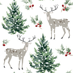 Wall Mural - christmas seamless pattern, deer animals, fir trees, holly twigs with red berries, snow, white backg