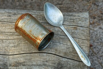 one aluminum white cutlery forgotten big dirty with handle spoon with rusty old iron open empty with under food jar lies on gray wooden log daytime outdoors