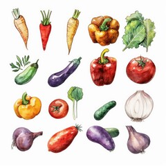 Canvas Print - Fresh and Colorful Assortment of Organic Vegetables. Watercolor Illustration on White Background