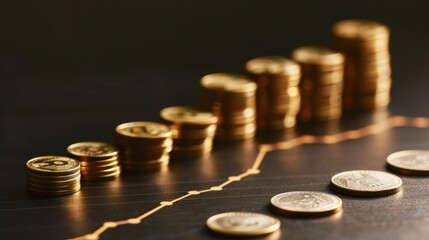 Shiny gold coins stacked in a growth chart symbolize financial success, with a focus on profit and wealth against a dark background