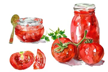 Canvas Print - Fresh Harvest Tomatoes and Homemade Sauce Collection. Watercolor Illustration Set in Rustic Kitchen