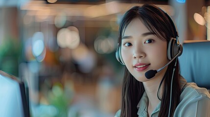 Asian woman Call center agent with headset working on support hotline in modern office with copy space