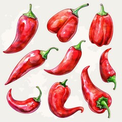 Wall Mural - Hand Drawn Watercolor Red Hot Chili Pepper Set. Fresh Organic Ingredient for Spicy Cooking