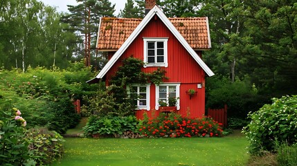 Wall Mural - Idyllic red cottage in a rural village