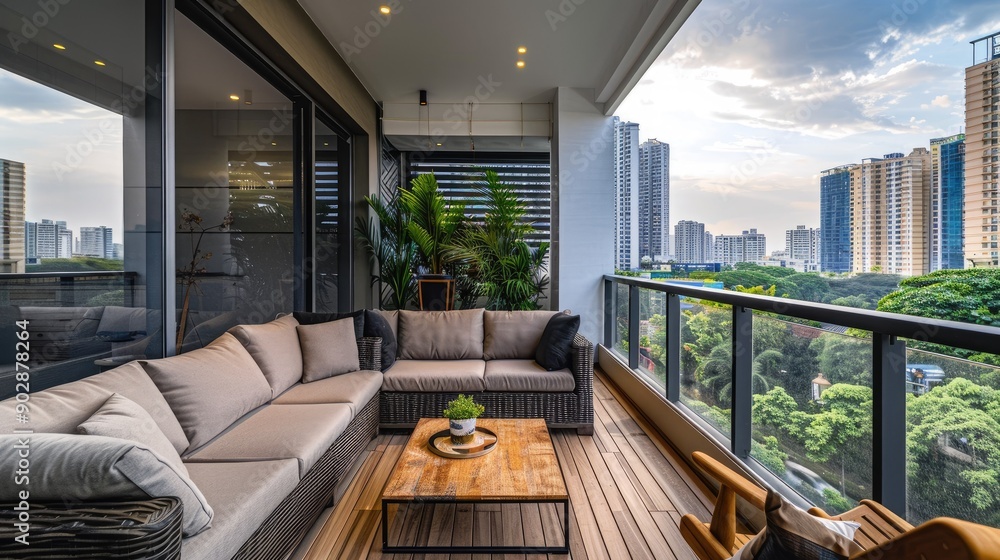 Elegant modern balcony with contemporary decor, captured in a ...