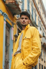 Street Clothing. Young Elegant Man in Trendy Yellow Fashion Outfit Posing Outdoors