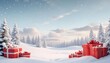 © Sharif54 - Snowy winter landscape with pine trees covered in snow, gift boxes in the foreground, and a cloudy sky with falling snowflakes