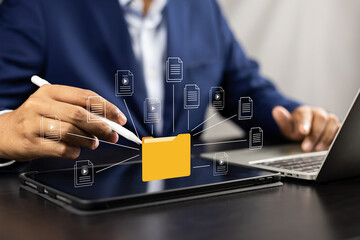 Wall Mural - document management system concept (dms), businessman working laptop virtual screen icons folder and