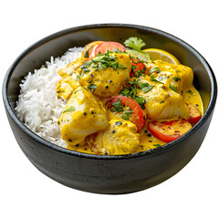 Wall Mural - Savory bangladeshi chicken curry with rice in a bowl, isolated on a clear background