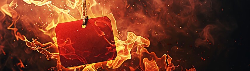 Red hot sale tag engulfed in flames, dark background, intense lighting, closeup shot, bold and eyecatching