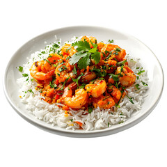 Wall Mural - Appetizing bangladeshi prawn curry with herbs served on a bed of rice