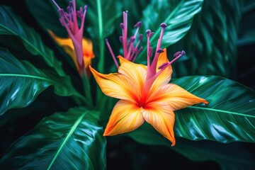 Wall Mural - Vibrant Orange Flower Blooming in Lush Tropical Foliage