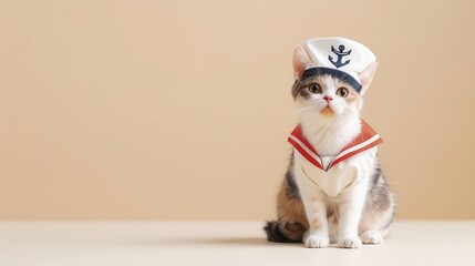 Cat in a sailor outfit, minimalist beige backdrop, playful and nautical